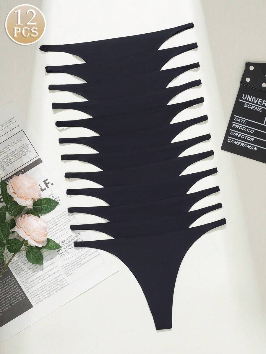 Bộ 12 chiếc quần lót bikini dây mảnh gợi cảm không đường may, chất liệu lụa băng mềm mại, thích hợp cho bãi biển, ngày Valentine, Giáng sinh và các bữa tiệc. - màu đen - Xem 1