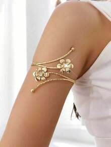 1件优雅花卉臂环手镯，独特设计的开口手镯，适合女性日常佩戴、婚礼、派对、节日等场合。 - 金黃色 - 查看 2