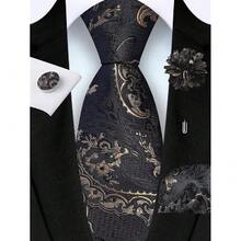 GUSLESON 8cm Paisley Tie Set For Men Necktie Lapel Pin Pocket Square Cufflinks Set For Men,Black/Brown - 黑色/棕色 - 查看 3