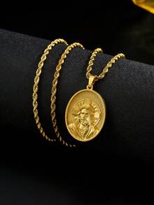 1pc Retro 18K Gold Plated Stainless Steel Jesus Pendant Necklace, Unisex Christian Figure Necklace, Fashionable Gold Jesus Necklace Suitable For Daily Wear And Holiday Gifts - Gold - View 2