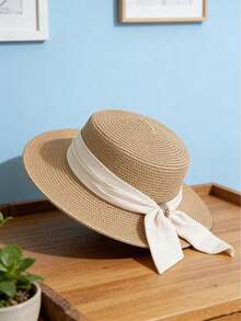1 pieza Sombrero de sol de playa para mujer, sombrero de paja de moda para el verano - Beis - Ver 8