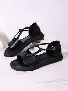 Women's Platform & Wedge Slip-On Shoes, Fashionable Casual Flat Shoes, T-Strap Hollow-Out Shoes, Black Loafers - Black - View 11