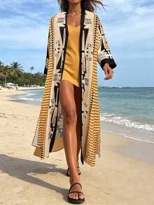 女士时尚优雅休闲度假图腾印花撞色开衩下摆长袖轻薄外套 女士夏季长款轻薄开襟罩衫 女士沙滩罩衫 - 彩色 - 查看 5