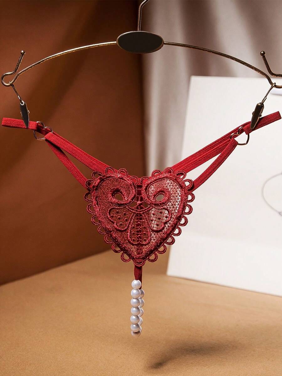 1 Piece Fashion Women Sexy Lingerie Erotic G-String Panties Butterfly Lingerie Crotchless Artificial Pearl String Thong, Ideal Gift Choice - 酒紅色 - 查看 1