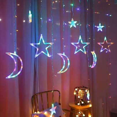 1 set klassiska stjärnformade LED-ljusslingor | Varmvita/Färgglada, Batteridrivna, Lämpliga för inomhusvardagsrum, utomhusträdgård, uteplats, camping, jul, Halloween, Ramadan, bröllop, födelsedagsfestdekorationer; Stjärnformade ljusslingor med gardiner