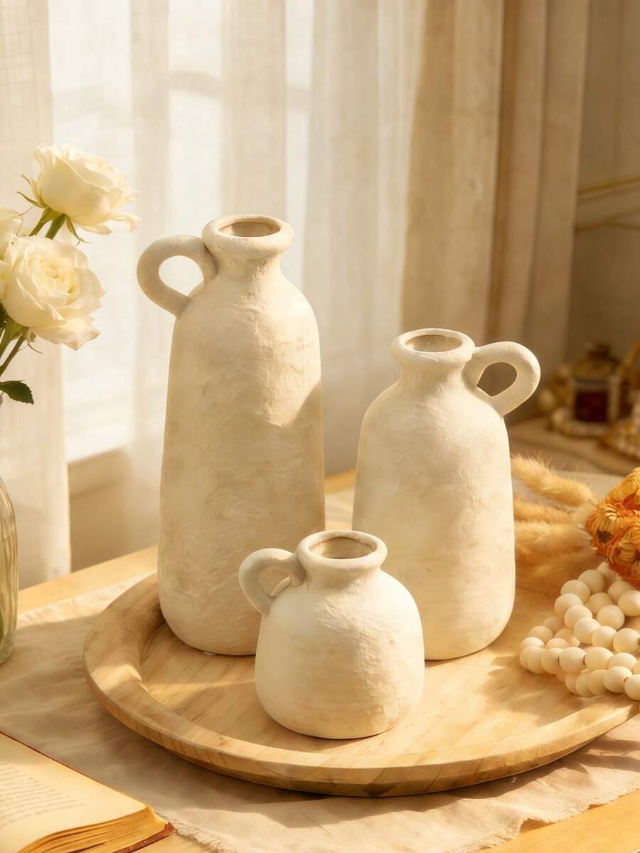 Bộ 1 bình gốm trắng có vân - Bình trang trí phong cách mộc mạc Boho có tay cầm, trang trí nhà cửa tối giản trung tính, thích hợp để trên bàn phòng khách, kệ phòng ngủ, làm vật trang trí trung tâm cho đám cưới hoặc cắm hoa khô (Nhiều kích cỡ: Cao, Trung bình, Nhỏ)