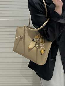 纯色PU皮革新款奢华高端图案百搭女士单肩手提包 - 卡其色 - 查看 2