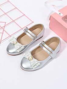 Mädchen Silber Spitze Schleife Perle Mary Jane Schuhe, Prinzessinnenstil glänzende Schuhe, Kinder Aufführungs- & Freizeitschuhe - Silber - Übersicht 2