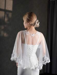 Xale de noiva elegante com estampa floral em estilo vintage, feito à mão, curto, minimalista e chique. - Multicolorido - Ver 3