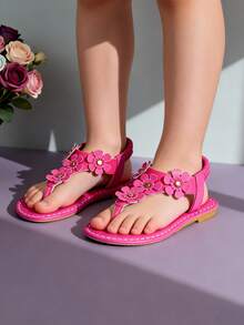 2026 New Rose Pink Girls Sandals, Decorated With 3D Floral, Simple Design, Soft Sole, Non-Slip Toe, Elastic Woven Strap, Flat Sandals. Vibrant Girls Sandals, Suitable For Outdoor Activities. - 粉色 - 查看 6