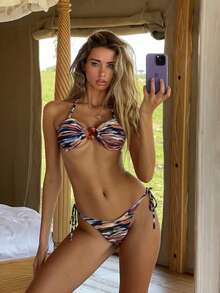 New Vintage Slimming Striped Print Backless Ring Tie Back Bikini Two Pieces Set, Suitable For Vacation & Beach - Brown - View 3