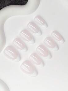 Set de 10 piezas de puntas de uñas en forma de almendra estilo Y2K "baddie", color nude y blanco con diseño de punta francesa, adecuado para fiestas, bodas y uso diario, incluye herramientas para uñas, gran regalo para mujeres y niñas - Multicolor - Ver 2