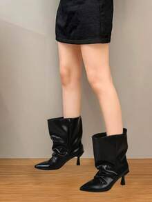 Women's Fashion Boots, 2025 Autumn/Winter New Black Pointed Toe Kitten Heel Ankle Boots, Folding Cuff Stacked Heel Dress Boots, Black Short Boots - Black - View 3