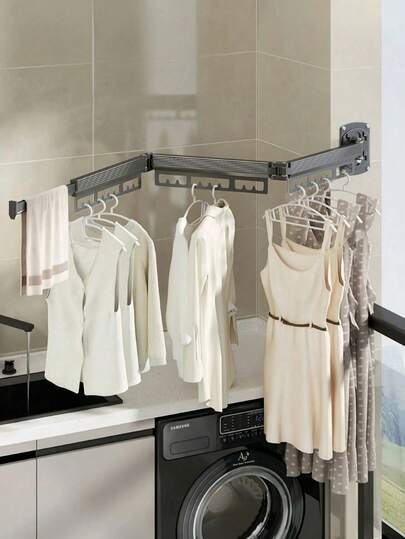 1 pieza Tendedero plegable con varilla retráctil, Tendedero plegable invisible montado en la pared, Barra de colgar extensible súper resistente, Adecuado para balcón, lavandería, baño, patio, apartamento, dormitorio