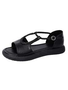 Women's Platform & Wedge Slip-On Shoes, Fashionable Casual Flat Shoes, T-Strap Hollow-Out Shoes, Black Loafers - Black - View 5