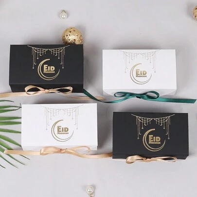 10Pcs Eid Mubarak Gift Box With Golden Star Moon Pattern - Black White Ramadan Gift Packaging Box With Satin Ribbon For Muslim Festival Eid Al-Fitr Celebration - Hard Cardboard Storage Box For Chocolate Candy Jewelry Party Favors