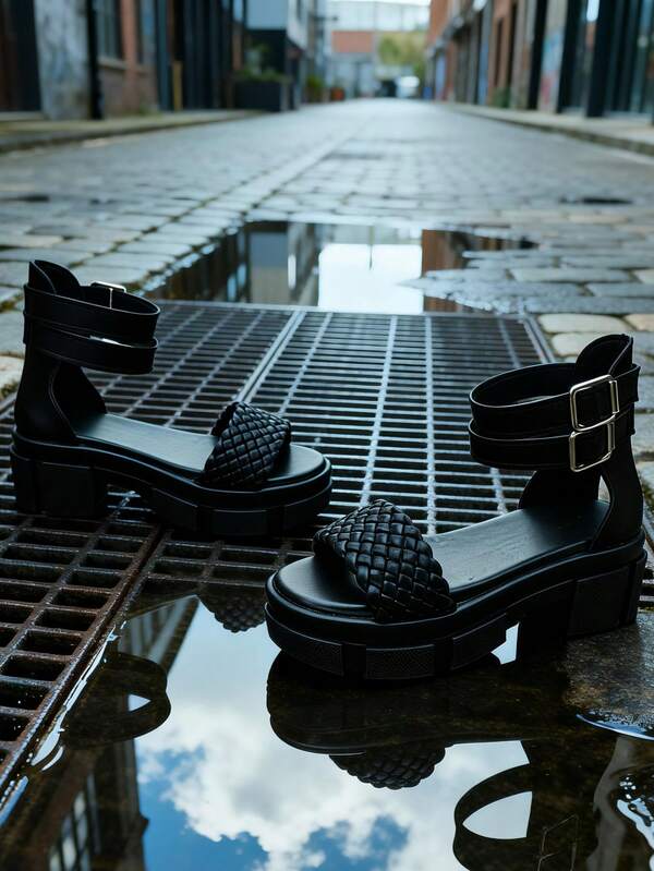 2026 Limited Edition Spring/Summer Girls' 3-12 Years Soft-Sole Toddler Shoes, PU Material, 3D Woven Front Strap, Ankle Metal Buckle, Black Non-Slip Rubber Platform, Skin-Friendly Soft Lining, Anti-Slip Increased Platform Sole, Open Toe Strap Design, 4.5cm Platform, Street Dark Style Children Platform Sandals, Girls Flat Fashion Shoes, City Stroll Summer Vacation Outfit