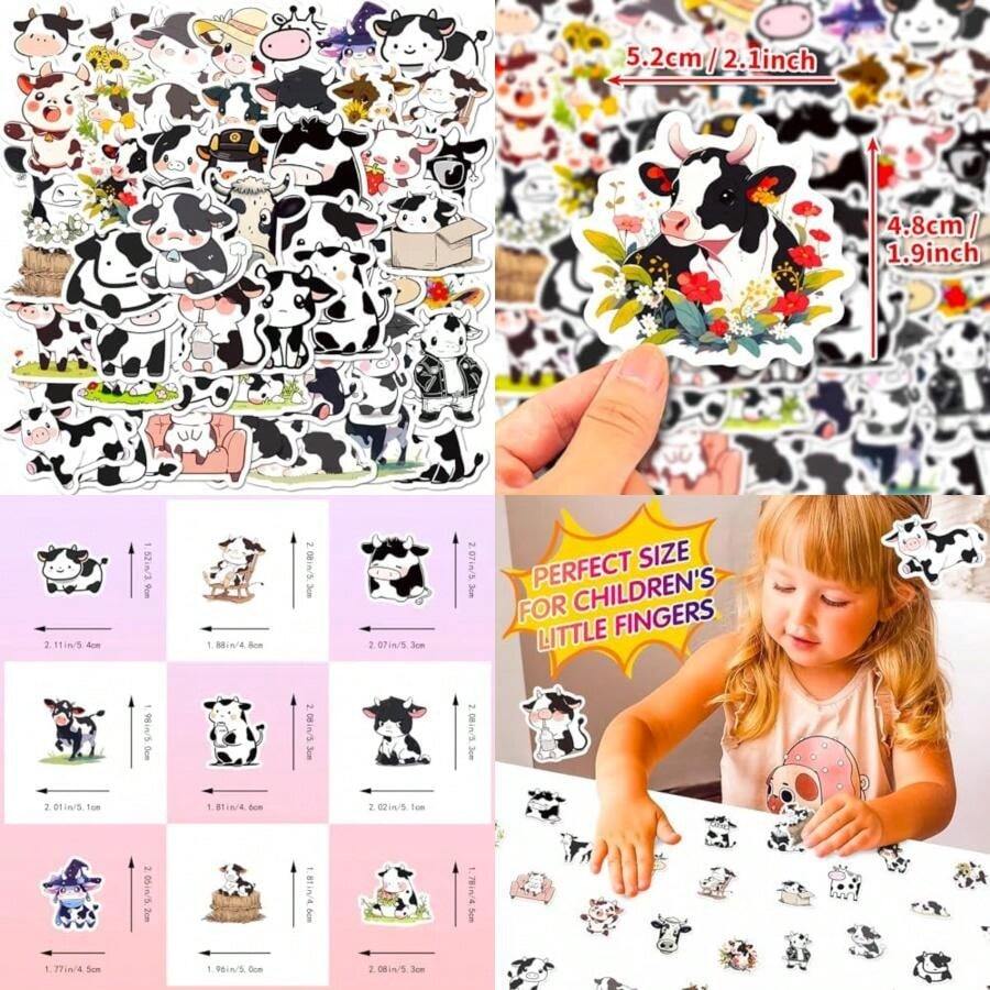 50 pegatinas de vaca bonitas para botellas de agua para niños, calcomanías de vinilo impermeables para laptop, monopatín, guitarra, teléfono, calcomanías de coche, calcomanías de ganado lácteo, para(Vaca negra) - Multicolor - Ver 1