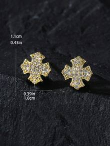 1 Pair/2pcs Punk Style Rhinestone Shield Stud Earrings, Geometric Cubic Zirconia Copper Plated, Unisex Fashion Earrings For Daily Wear And Parties, Suitable As Valentine's Day Or New Year Gift - Multicolor - View 24