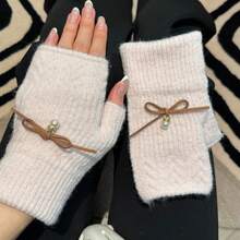 1 Pair Thick Fluffy Warm Winter Fingerless Gloves For Women, Elegant Solid Color Knitted Fleece Warm Gloves, Windproof Wedding Gloves Design, Versatile For Office, School, Writing, Dating, Cycling, Parties, Suitable For Autumn/Winter Outdoor Activities And Daily Wear - Multicolor - View 8
