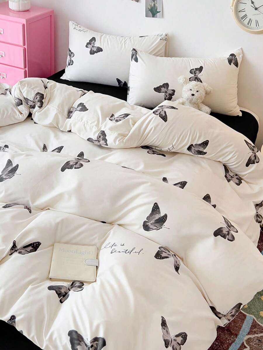 Bộ chăn ga gối họa tiết bướm thanh lịch 4 món (1 vỏ chăn, 2 vỏ gối, 1 ga trải giường phẳng), phong cách nghệ thuật hiện đại không có ruột, phù hợp với giường đơn/đôi/giường King, mọi mùa
