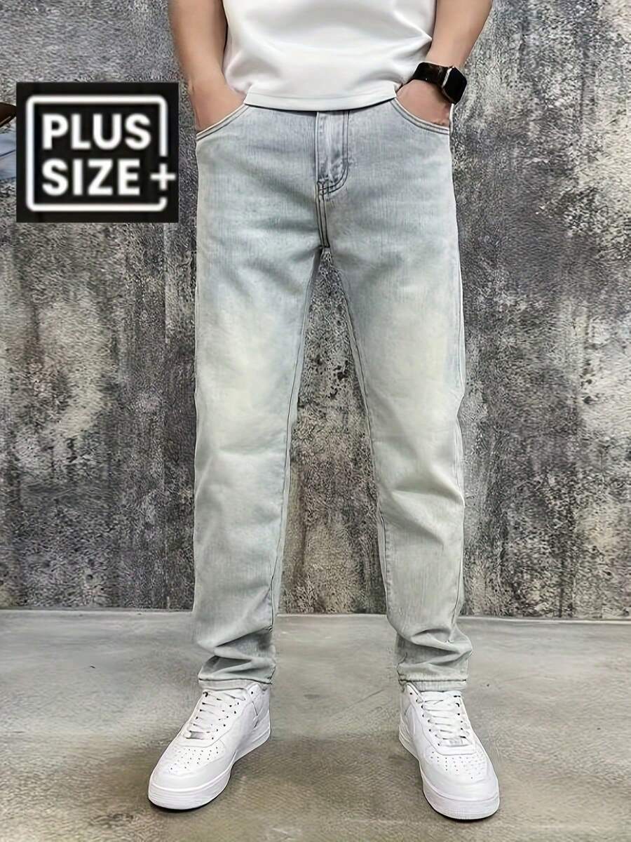 258 Fashion Plus Size Men's Jeans, Three-Dimensional Cut Minimalist Style, Vintage Washed Light Blue, Classic Fashion Casual Matching, High Waist Elastic Slim Fit, Elastic Denim Fabric Breathable And Soft, Machine Washable, Built-In YKK Zipper Closure, American Retro Minimalist Plus Size Men's Jeans - Màu xanh biển - Xem 1