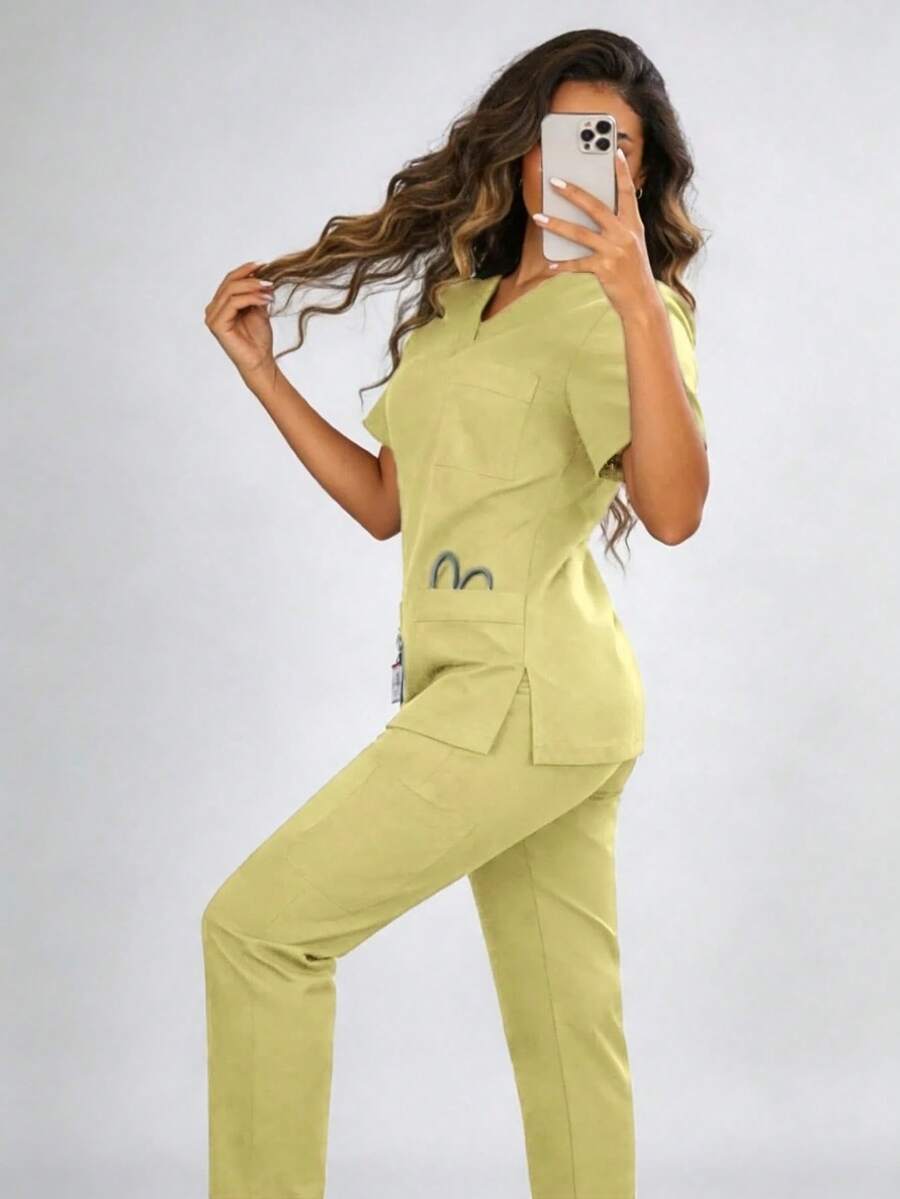 告别褪色尴尬！多场合两用工作服，3D立体剪裁，持久不变形，不褪色女士手术服，损坏更换保证 - 芥末黃 - 查看 1