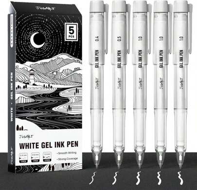 JusArt White Gel Pens With 0.4mm, 0.5mm &Amp; 1.0mm Assorted Tips, Opaque White Ink Pens For Black Paper, Drawing, Journaling &Amp; DIY Crafts, Ideal Drawing Pens For Artists &Amp; Art Supplies, 5 Pack