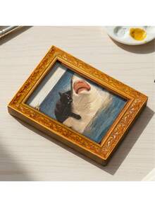 1pc Funny Hakimi Fridge Magnet, Black Cat Riding Shark Wooden Mini Decorative Painting, Wooden Fridge Magnet, Ocean Adventure Themed Home Decor, Amusing Kitchen Accessory - Multicolor - View 2