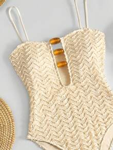 Women's Elegant Boho Spaghetti Strap One Piece Swimsuit With Beaded Cut Out Details And Textured Fabric High Stretch Bikinis - Apricot - View 6