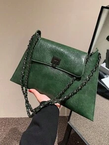 1pc Solid Color PU Leather Handbag With Lock Closure, Fashionable Crossbody Bag Suitable For Shopping, Dating, Women's Gift - Dark Green - View 1