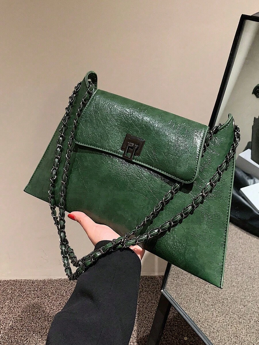 1pc Solid Color PU Leather Handbag With Lock Closure, Fashionable Crossbody Bag Suitable For Shopping, Dating, Women's Gift - Dark Green - View 1