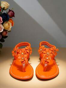 2026 New Girls' Bright Orange Sandals - 3D Floral Decor, Faux Leather Material, Non-Slip Open Toe Breathable Flat Sandals | Sweet Pastoral Style, Perfect For Summer Beach, Daily Wear And Casual Activities | Adorable Kids Shoes, Best Seller, Highly Rated, Pairs Well With Dresses, Soft Non-Slip Soles, Ideal Holiday Gift - trái cam - Xem 3