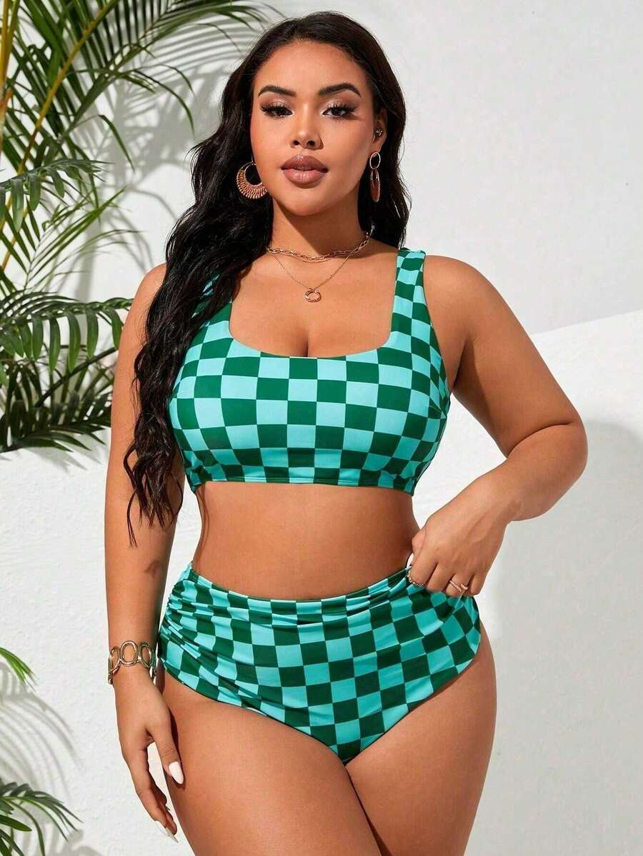 Green And White Checkered Plus Size Bikini, High-Waisted Swim Trunks, Sexy Beach Vacation Swimsuit - 綠色 - 查看 1