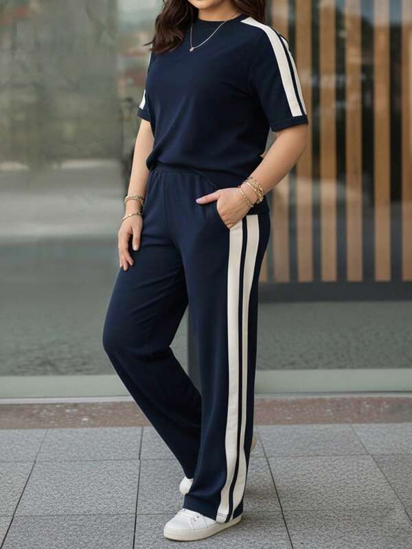 Women's Spring/Summer Outfit, Round Neck Contrast Stripe Short Sleeve T-Shirt Paired With Elastic Waist Loose Pants, Casual 2-Piece Set