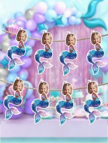 7/14/21pcs Customized Mermaid Theme Face Photo Banner, Personalized Birthday Party Backdrop Wall Hanging, Underwater Scene Happy Birthday Party Decoration, Birthday Gift - Blue - View 7
