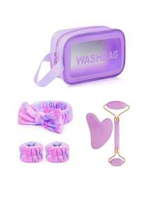 5/6/7/8/9pcs Professional Facial Cleansing & Skincare Massage Tool Set, Including 3pcs Spa Headband & Wristband Set, 1pc Facial Cleansing Brush, 1pc Heart-Shaped Gua Sha Board, 1pc Facial Oil Massage Roller, 1pc Reusable Makeup Remover Towel, 1pc Waterproof Storage Bag, Portable Travel Kit, Ideal Gift For Valentine's Day, Christmas, Spring Festival, Mother's Day, Parties, Weddings - Multicolor - View 7