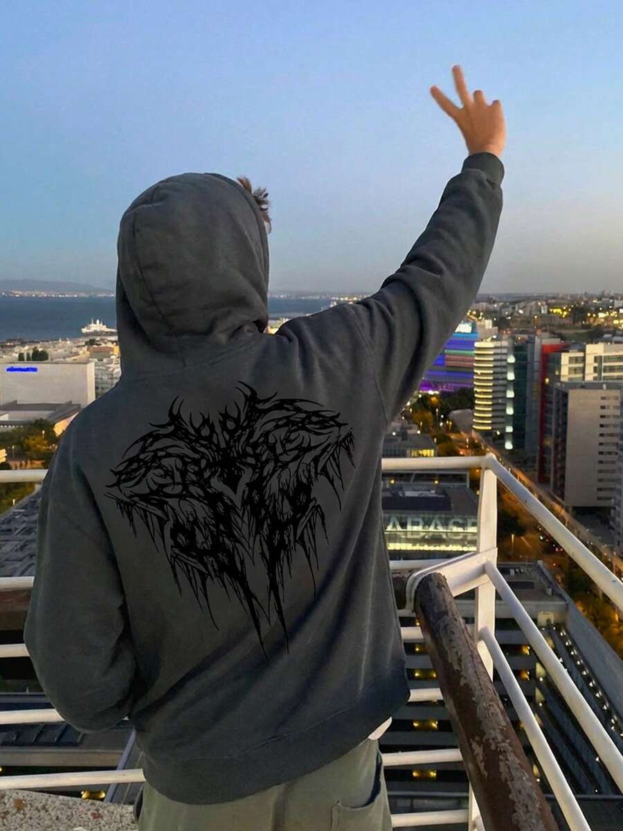 男士休闲时尚街头连帽衫，带袋鼠口袋和抽绳，秋冬款 - 深灰色 - 查看 1