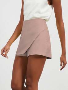 Se-Helo Fashion Casual Versatile Solid Color Asymmetric Skirt Shorts - Dusty Pink Summer - Red Bean Paste Nude Pink - View 2