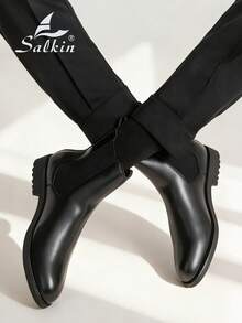 Salkin 复古设计师男士切尔西靴，套穿式，尖头设计，奢华中筒踝靴，男士柔软真皮靴，绅士商务正装鞋，休闲办公派对鞋，浪漫晚餐约会礼物，返校学生鞋，学院风，建议选大一码