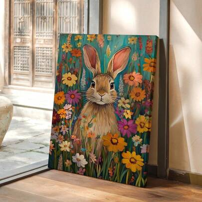"1 buc. Pajiște cu flori sălbatice: Un mic iepuraș plin de viață – O operă de artă colorată cu un iepuraș de primăvară, o decorațiune florală și naturală fantezistă, perfectă pentru Paște și alte anotimpuri."