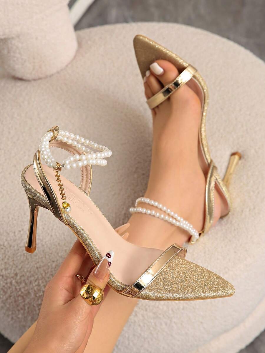 European & American Style Rhinestone Buckle Stiletto Heel Open Toe Sandals For Women - Gold - View 1
