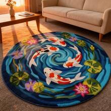1 Peça Tapete Redondo Vibrante de Lago de Carpas, Design de Onda Artística com Padrão de Peixes Carpas & Folha de Lótus - Estilo Boêmio, Tamanho Assimétrico com Tolerância de Aparagem de 1-5cm, Tapete Decorativo, Decoração de Quarto, Tapete Pequeno, Tapete, Decoração de Casa, Tapete de Sala de Estar, Tapete Pequeno de Sala de Estar, Tapete de Quarto, Decoração de Sala de Estar, Tapete Externo, Tapete Lavável, Tapete Felpudo, Tapete Shaggy - Multicolorido - Visão 4