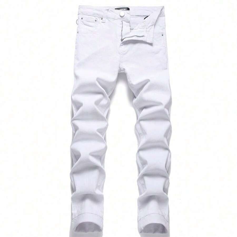 Pantalones jeans para hombres 2026 estilo slim corte ajustado elásticos de color blanco con cintura elástica cómodos versátiles y de moda ideales para uso casual - Blanco - Ver 1