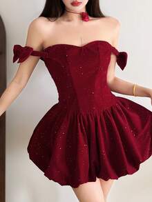 YeonC French Romantic Style Shiny Solid Color Bow Fluffy Cinched Waist Party Evening Dress - Red - View 1