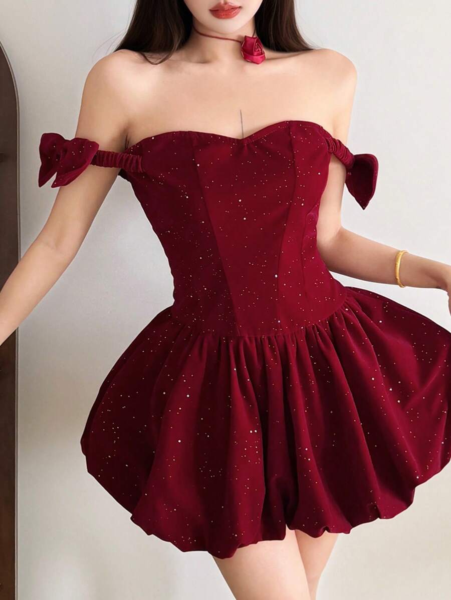 YeonC French Romantic Style Shiny Solid Color Bow Fluffy Cinched Waist Party Evening Dress - Red - View 1