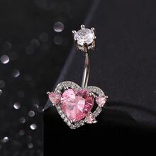 CIZME 1pc Sparkling Pink Heart Cubic Zirconia Belly Button Ring, Rhinestone Inlaid Navel Piercing, 14G Belly Rings Navel Rings,Romantic Valentine's Day Belly Piercing Jewelry