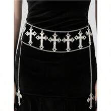 1pc Women's Silver Punk Cross Pendant Waist Chain Multi-Layer Metal Chain Waist Decoration Fashionable Versatile Elegant Body Chain Suitable For Party Wedding Festival Couples Summer School Fall Autumn Halloween - Bạc - Xem 5