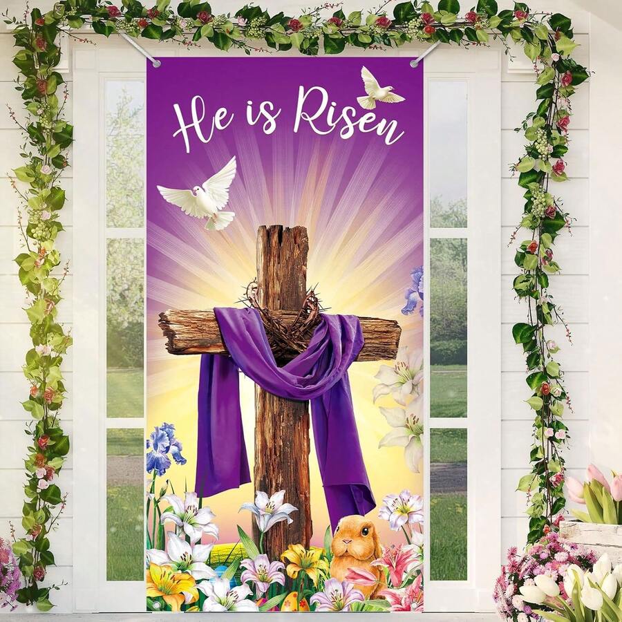 1pc 2D Flat Easter Doorway Banner, Happy Easter Decoration, Risen He Lives Porch Sign, Religious Doorway Decor, Large Fabric Cross Easter Doorway Background, Jesus Spring Easter Party Decor, Hanging Flag, No Power Required - Multicolor - View 1