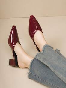 一双亮面纯色尖头粗跟露跟高跟凉鞋，适合青少年女孩/女士，可用于派对、宴会、婚礼、舒适通勤、正式场合，酒红色礼服鞋 - 酒紅色 - 查看 1
